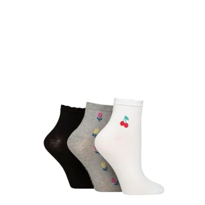 Image of Elle Ladies Bamboo Anklet Socks With Frill Welt Cuff, Embroidered Motifs, Textured Weaves,Ribbed in Soft Breathable Cooling Material Multipack of 3 Pairs Size 4 8 Cherry Flower