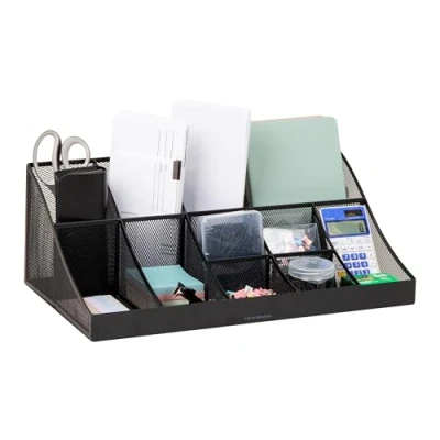 Image of Mind Reader COMORGMESH BLK Station, Org, Bar 11 Compartment Coffee Cup and Condiment Countertop Organizer, Metal Mesh, 17.875&quot; L x 9.5&quot; W 6.625&quot; H, Black