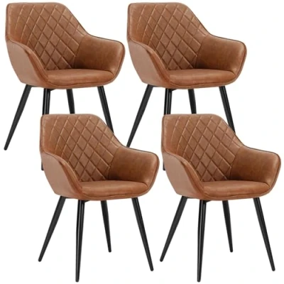 Image of WOLTU Set of 4 x Dining Chairs Brown Kitchen Side Upholstered Faux Leather Seat for Counter Lounge Living Room Corner Accent with Arms &amp; Back Support Metal Legs Reception