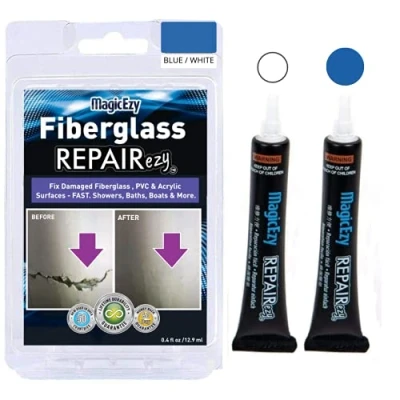 Image of MagicEzy Fibreglass RepairEzy (Blue &amp; White) Repair Kit in a Tube Fix Cracks, Chips, Holes Fast and Acrylic Showers, Baths, Hot Tub, Canoes, Jet Ski, Boats Ultra Strong