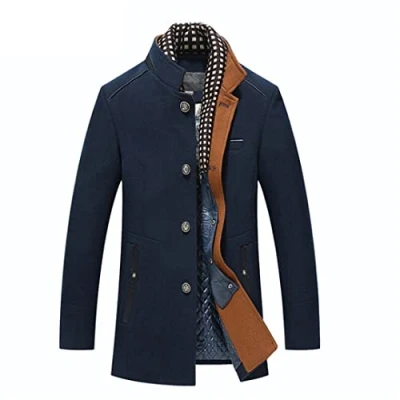 Image of Winter Men Wool Blends Coat Scarf Collar Thick Trench Single Breasted Woolen Overcoats Casual Jacket Blue 4XL