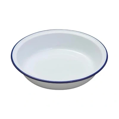 Image of Premium Quality Traditional Enamel White Blue Trim Rice Plate, Pasta Bowl, Dinner Round Pie Soup Mixing Deep Dish Tableware Crockery (Round 16cm)