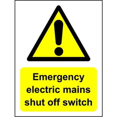 Image of EMERGENCY ELECTRIC MAINS SHUT OFF SWITCH sign 1.2mm rigid plastic 150mm x 200mm