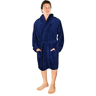 Image of NY Threads Luxury Men’s Dressing Gown Super Soft Fleece Bath Robe Cozy Shawl Collar Loungewear and Nightwear, Medium, Navy