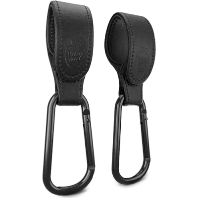 Image of Baby Uma Leather Style Buggy Clips 2 Pack of Universal Pram Clips, Non Slip Accessories, Carry up to 5 kg per Clip, Hooks for Bags, Shopping &amp; Travel Essentials (Black)