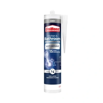 Image of UniBond Anti Mould Silicone Sealant For Kitchen &amp; Bathrooms, Grey Waterproof, Repels, Kills and Prevents Growth, Long Lasting Shower Sealant, 1 x 274g Cartridge