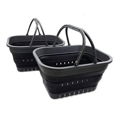Image of SAMMART 19L Collapsible Tub with Handle Portable Outdoor Picnic Basket/Crater Foldable Shopping Bag Space Saving Storage Container (Grey/Black (Set of 2))