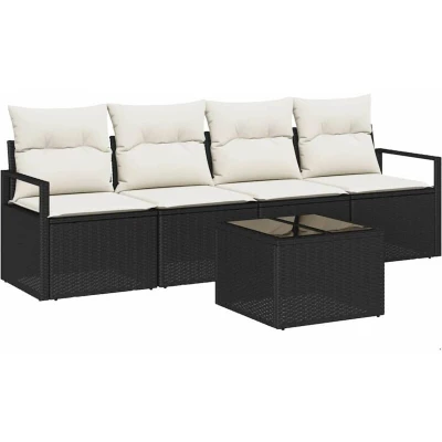 Image of vidaXL 5 Piece Garden Sofa Set with Cushions Black Poly Rattan