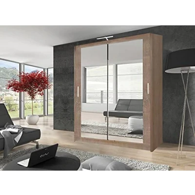 Image of Modern Double Full Mirror sliding door wardrobe with 2 LED Light Width 100cm/120cm/150cm/180cm/203cm/250cm(100cm, Oak/Sonoma)