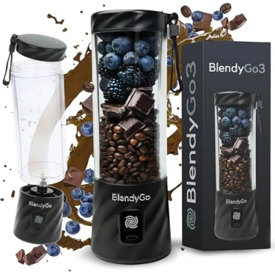 Image of BlendyGo 3 Portable Blender, Smoothie Maker, Small Powerful Cordless Mini USB Maker to Go, Stand BPA Free, PulseMotion &amp; BlendPro Technology, 550 ml (Black)