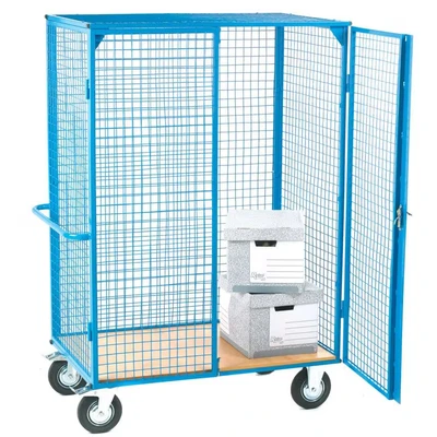 Image of Large Distribution Trolley Lockable Doors; Castors; Blue/Veneer