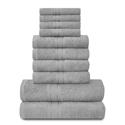 Image of Lions Towels Family Bale Set 10 Piece 100% Egyptian Cotton, 4x Face Hand 2x Bath Towel, Premium Quality Highly Water Absorbent Bathroom Accessories, Machine Washable, Silver, 544753