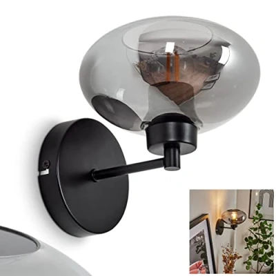 Image of Wall Light Haikala, Modern lamp Made of Metal/Glass in Black/Smoke Colour, Retro/Vintage Up with lampshade Smoked Glass (Ø 18,5 cm), 1 Flame, x E27, Without Bulbs