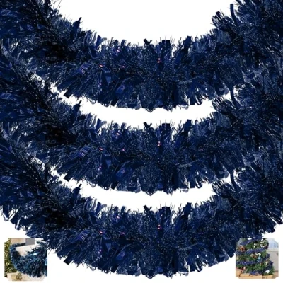Image of HOVUK® 3PCs Navy Blue Chunky Tinsel Garlands 2M Dark Fine Cut Thick and Thin Christmas Tree Garland, Hanging Decorations for Indoor Outdoor Party