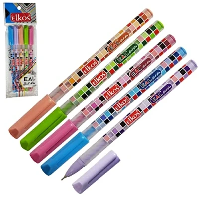 Image of ELKOS BLUE Ballpoint Pens, 0.7mm Fine Point, Pack of 5, Eal Ball Smooth Biros, Soft Grip, School Office Home Use, ZOFAX Black Pen