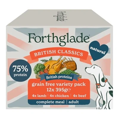 Image of Forthglade British Classics Wet Dog Food Variety Pack (12 x 395g Trays) Adult Dogs, Grain Free Chicken, Lamb &amp; Beef With Vegetables, Stomach Sensitive Food, Hypoallergenic
