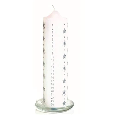 Image of Premier Decorations Wax Advent Candle with Glass Stand White Pillar Silver Stars and Snowflakes