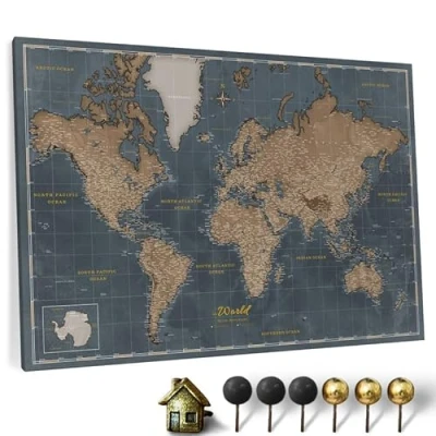 Image of Canvas World Map with Cork Pin Board English Lettering Decorative Wall Decoration for All Rooms Pictures Motif (70x50 cm, Pattern 5)