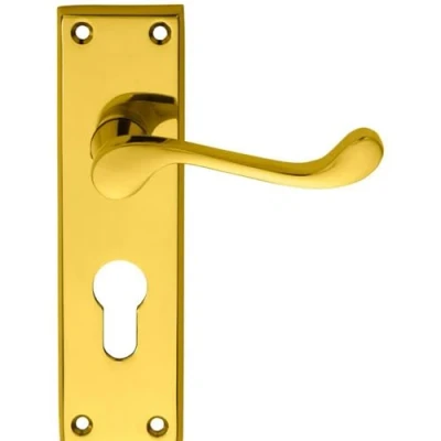 Image of Victorian Scroll Latch &amp; Euro Lock Door Handle Polished Brass Lever On Backplate