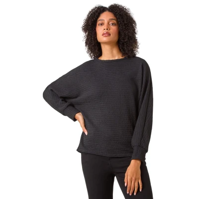 Image of Roman Originals Plain Long Sleeve Textured Jersey Top for Women UK Ladies Everyday Holiday Spring Summer Round Neckline Comfy Soft Evening Vacation Work Party Black Size 20