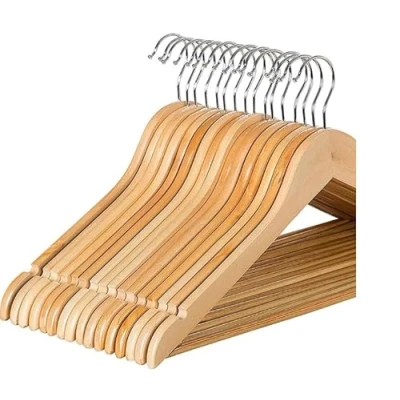 Image of Rainberg 40PK Strong Natural Wood Wooden Hangers, Coat Hangers With Trouser Bar and Shoulder Notches. (40)