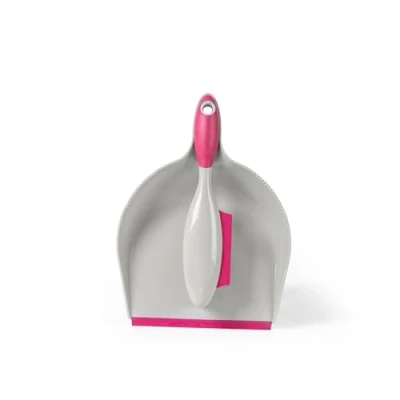 Image of Kleeneze KL069337EU7 Dustpan and Brush Set Non Scratch Rubber Bristles Ideal for Pet Hair/Fur, Handheld Squeegee Edge Spills/Liquids, Easy Rinse Clean, Indoor Hard Floor Sweeping, Pink