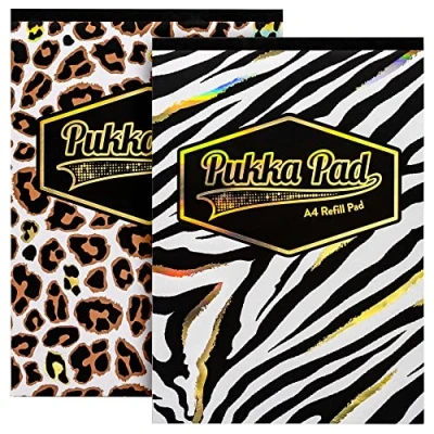 Image of Pukka Pad, Wild A4 Refill Notepad 160 Pages, 80GSM, with 8mm Lines Tape Headbound 4 Holepunch Pack of 2 Assorted Zebra Stripe and Leopard Spot Animal Prints