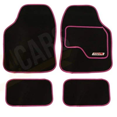 Image of UKB4C 4 x VR Set Anti Slip Black Car Carpet Floor Mats with Pink Trim fits Peugeot 106 107 108 206 207 208