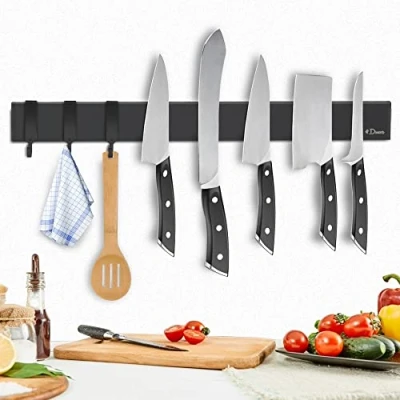Image of Dmore Magnetic Knife Rack with 3 Hooks Extra Strong Holder Made of Stainless Steel, Optional Installation Self Adhesive 3M Tape or Screws, Black Strip for Knives, 40 cm