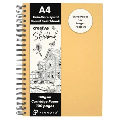Image of Pinnora Creative A4 Sketchbook, Wire Spiral Bound Sketch Book with 100 Pages of Mixed Media Art Paper 140gsm, Sketchbook A4, Kraft Drawing Pad Cover, and for All Artists
