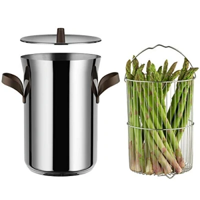 Image of Alessi edo PU309, Asparagus steamer with basket and lid in 18/10 stainless steel. Handles steel PVD coating, brown. Magnetic bottom suitable for induction cooking.