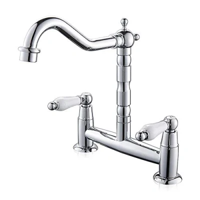 Image of Ghopy 2 Hole Kitchen Sink Mixer Tap Traditional Deck Mounted Chrome Swivel Spout Brass Bridge