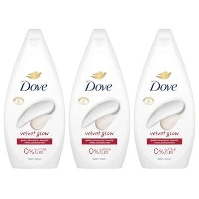 Image of Dove Velvet Glow Body Wash 0% Sulfate SLES for Women Made with Naturally Derived Cleansers and Plant Based Moisturiseres Gently Cleanses Softer Smoother Skin, 450ml Pack of 3