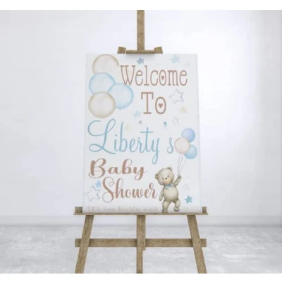 Image of Party Prints 2020 Large Personalised Baby Shower Welcome Sign Board or Poster with Teddy Bear Theme &amp; Balloons Decorations Blue Banner Backdrop Boys