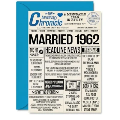 Image of 63rd Anniversary Cards for Men Women Married 1962 Newspaper Happy 63 Wedding Card Husband Wife Grandma Grandad Nan Vintage Retro 1962, A5 Greeting