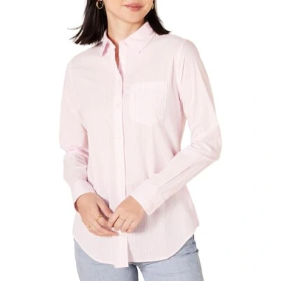 Image of Amazon Essentials Women&#039;s Classic Fit Long Sleeve Button Down Poplin Shirt, Pink Stripes, XL