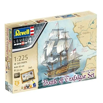 Image of Revell Gift Set 05767 &quot;Battle of Trafalgar&quot; HMS Victory 1:225 Scale Unbuilt Plastic Model Kit with Contacta Professional Glue, Paintbrush, Selected Aqua Color Paints &amp; Poster