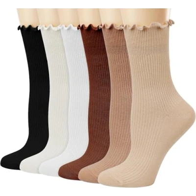 Image of DRESHOW Womens Ruffle Socks Cotton Turn Cuff Casual Ankle Breathable Lettuce Crew Knit Frilly Sock 6 Pack