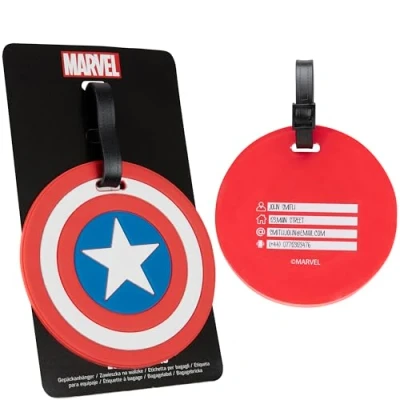 Image of Marvel Luggage Tags for Suitcase, Baggage Identification Travel Name Address (Red Captain America)