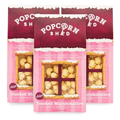 Image of Popcorn Shed 3 x Toasted Marshmallow Gourmet Popcorn, Gift Box, Vegan Gluten Free, Natural, Movie Night Snack, 80 g, Pink