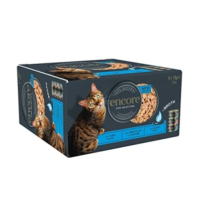 Image of Encore 100% Natural Wet Cat Food, Multipack Fish Selection in Broth 70g Tin for Adult Cats, (48 x Tins)