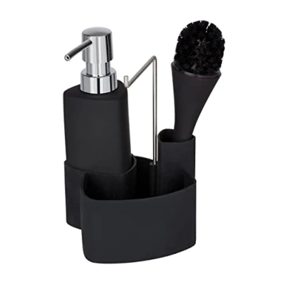 Image of WENKO 3620127100 Wash up set Empire Black washing liquid dispenser, brush, dish cloth holder Capacity: 0.25 l, Soft Touch ceramic, 11 x 19 12.5 cm,