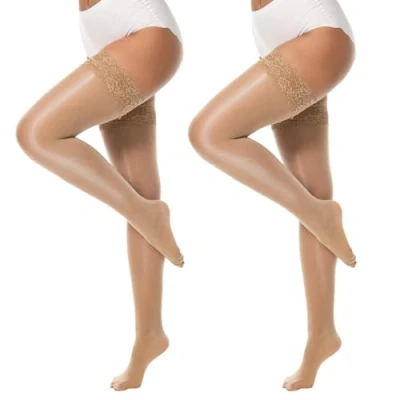 Image of MANZI Shiny Thigh High Stockings Sexy Hold Ups Silky Sheer Lace Top Stocking for Women Natural L XL