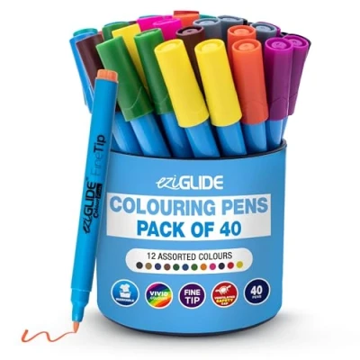 Image of Eziglide felt Tip Colouring pens in Pen Pot, Assorted Colours Pack of 40 Fine Pens, Fibre nib tips 12 Bright colour for paper &amp; card, Ideal School, Work Home…