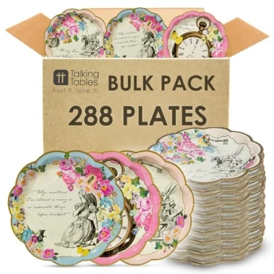 Image of Talking Tables 144 x Alice in Wonderland Themed Bulk Disposable Paper Plates, Supplies for Mad Hatter Tea Party Table Decorations Birthday, Baby Shower, Mother&#039;s Day, Pink, Size 8.5’ 22cm