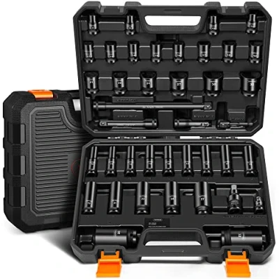 Image of VonHaus 1/2 Impact Socket Set 40pcs Deep Inch Drive with Extension Bar, Drill Adapter, Universal Joint and to 3/8 Adapter Heavy Duty for DIY, Car Repair