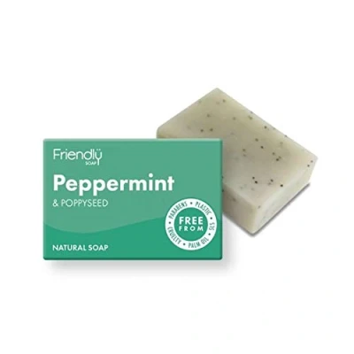 Image of Friendly Soap Exfoliating Peppermint &amp; Poppyseeds (95g), Plant Based, Cruelty Free, Made By Hand, No Preservatives or Sulphates, Sustainable