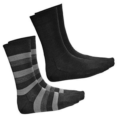 Image of vitsocks Men&#039;s MERINO Wool Everyday Fine Soft Warm Socks (2 PAIRS) Striped &amp; Plain Pack, black grey, 8 9