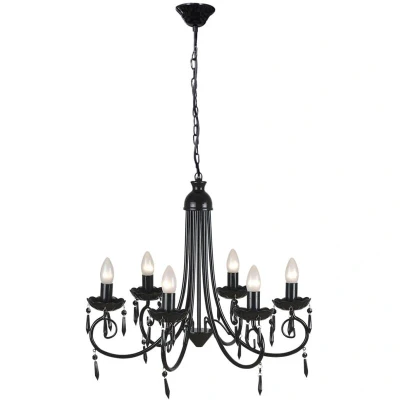 Image of vidaXL Classy 6 Bulb Chandelier Elegant Pendant Ceiling Lamp with Acrylic Crystal Decor Contemporary Lighting Fixture for Living Room, Office, Foyer Black Metal Frame
