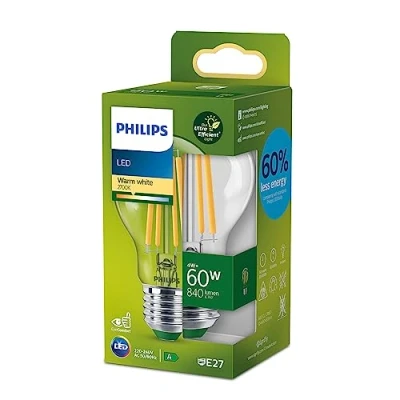 Image of PHILIPS Ultra Efficient Energy Saving Lights, LED Light Source, 60W, A60, E27, Warm White 2700 Kelvin, Clear